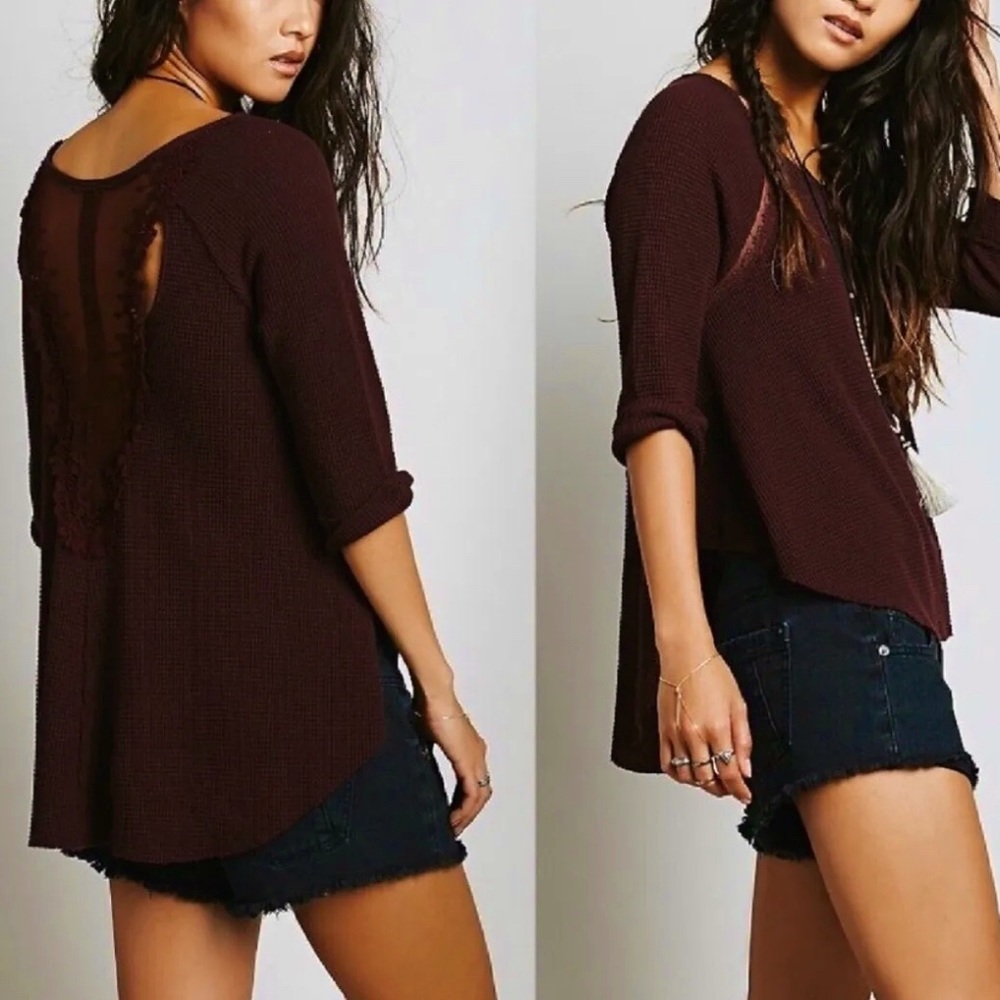 Free People Maroon Open Back Lace Waffle Top Medium